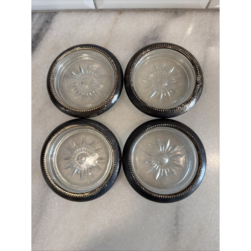 Set Of 4 Vintage W&S Blackinton Crystal Coasters W/Silver Plate Beaded Trim E004